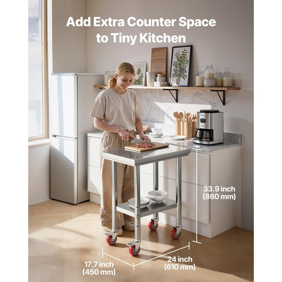 VEVOR Rolling Prep Table – 24"x18", SUS201, 700LB, 4 Wheels