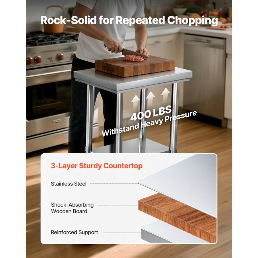 VEVOR Rolling Prep Table – 24"x18", SUS201, 700LB, 4 Wheels
