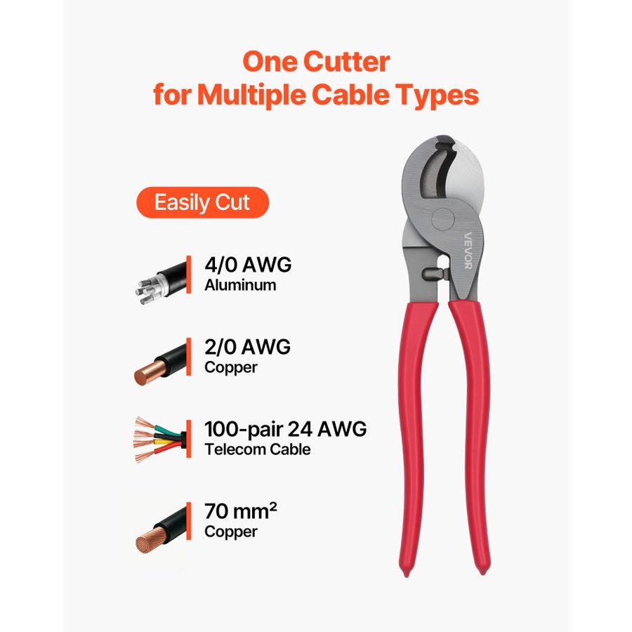VEVOR High Leverage Cable Cutter, 235 mm Compact, Forged Blades and PVC-Coated Handles, Heavy Duty Cable Cutting Pliers Tool for 4/0 AWG Aluminum, 2/0 AWG Soft Copper and 100-Pair 24AWG Comm Cable