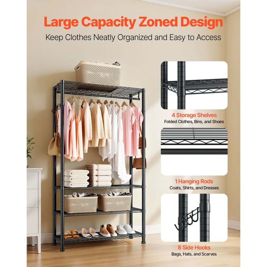 VEVOR Clothing Rack with Shelves - 500lbs, 4 Shelves, 8 Hook