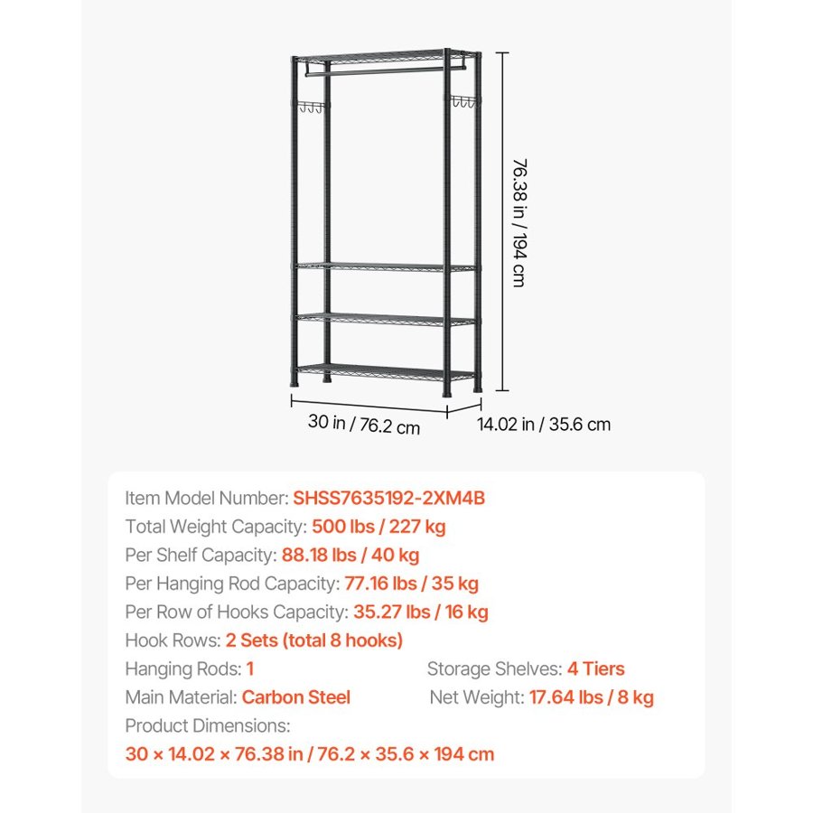VEVOR Clothing Rack with Shelves - 500lbs, 4 Shelves, 8 Hook