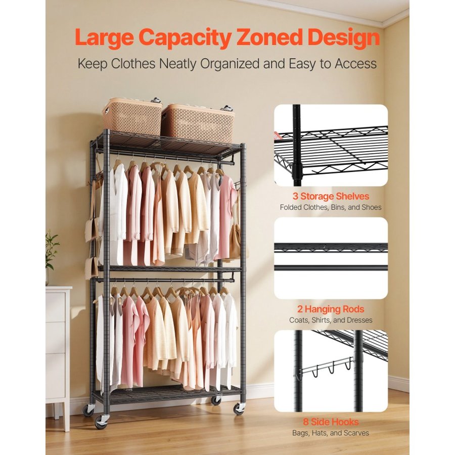 VEVOR Heavy Duty Rolling Clothes Rack – 3 Tiers, 450 LBS