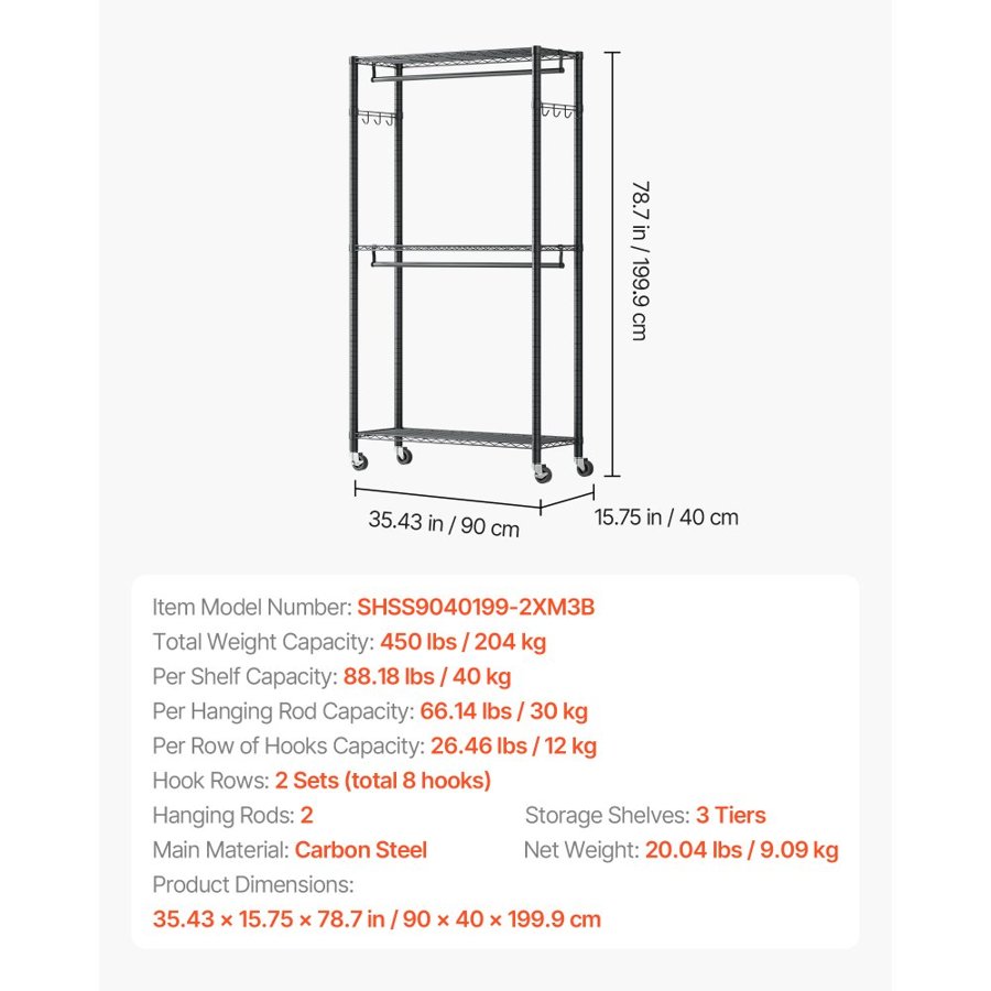 VEVOR Heavy Duty Rolling Clothes Rack – 3 Tiers, 450 LBS