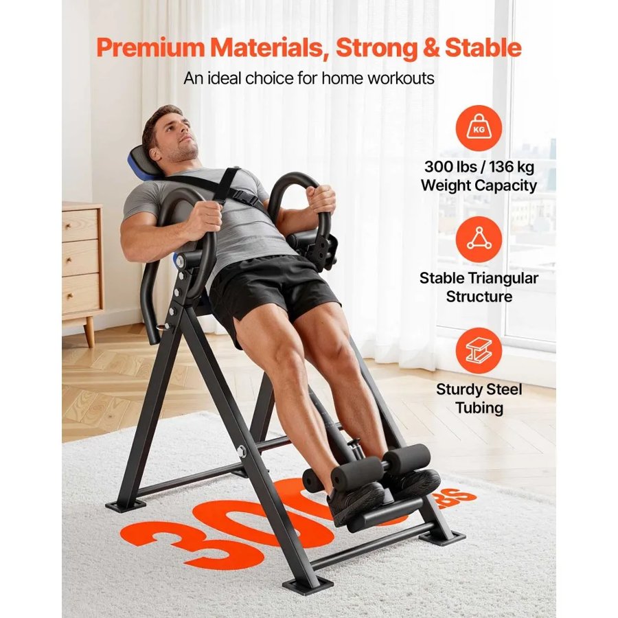 VEVOR Inversion Table, 136 kg Capacity Heavy Duty Back Inverter Stretcher, Inverted Table with Dual-Roller Locking, Decompression Tables for Shoulders, Neck, Back, 3-Level Armrest Pin Adjustment