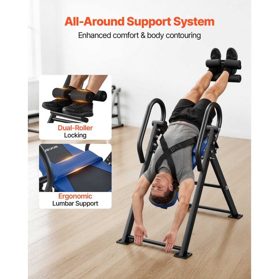 VEVOR Inversion Table, 136 kg Capacity Heavy Duty Back Inverter Stretcher, Inverted Table with Dual-Roller Locking, Decompression Tables for Shoulders, Neck, Back, 3-Level Armrest Pin Adjustment