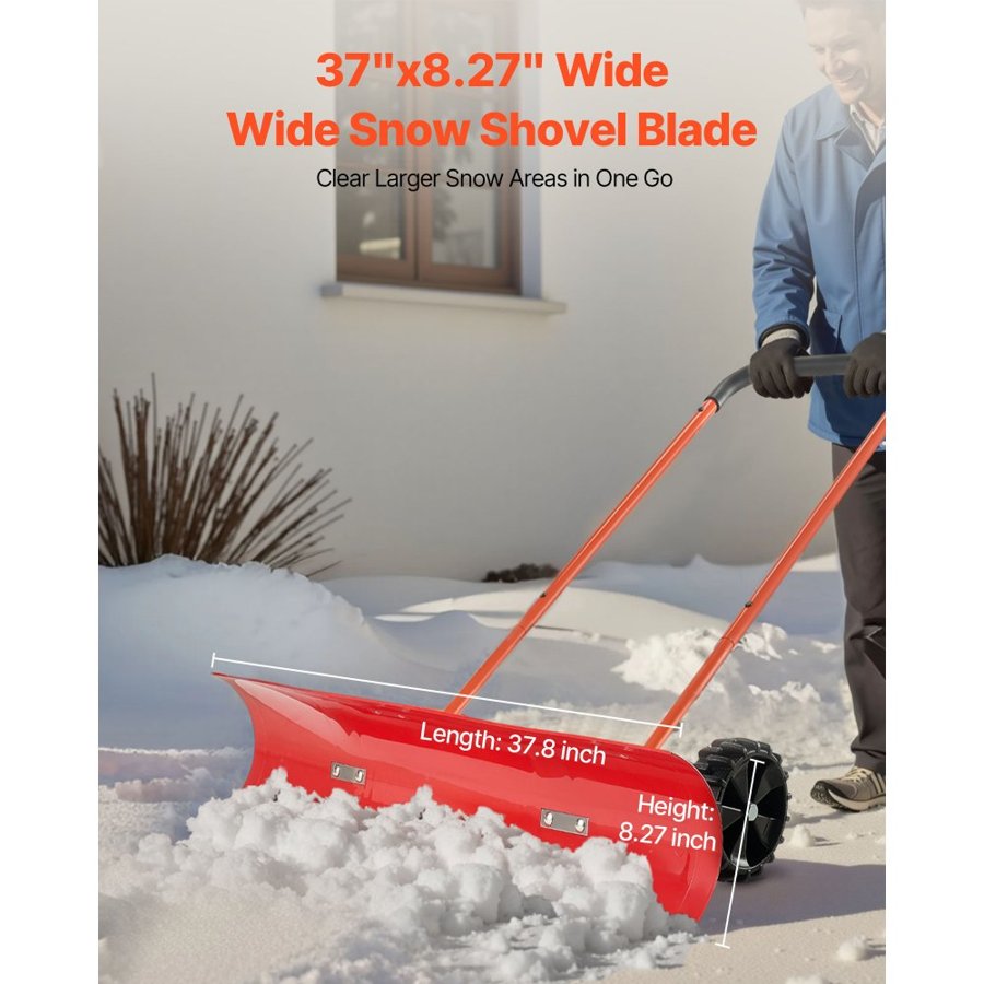 VEVOR Snow Pusher Shovel with Wheels, 96 cm Wheeled Snowplow Shovel with Bi-Directional Angled Blade & 90° Adjustable Handle, Durable Plastic Winter Shovels, Portable Snow Removal Tool for Driveway