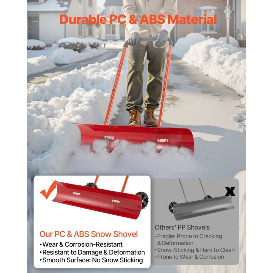VEVOR Snow Pusher Shovel with Wheels, 96 cm Wheeled Snowplow Shovel with Bi-Directional Angled Blade & 90° Adjustable Handle, Durable Plastic Winter Shovels, Portable Snow Removal Tool for Driveway
