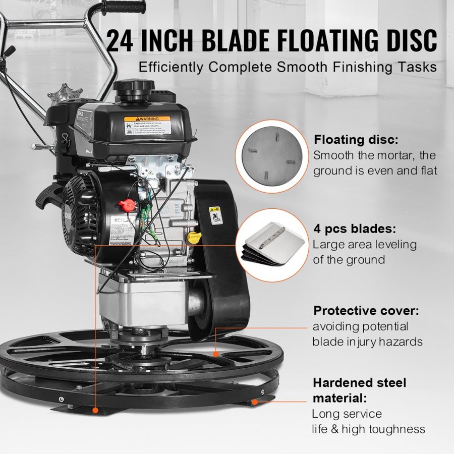 VEVOR Power Trowel, 24” Walk-Behind Cement Trowel with Float Pan, 6HP Gas-Powered Smooth Concrete Surface Finisher, Heavy Duty Commercial Screed Concrete Cement with Finishing Blade, Orange