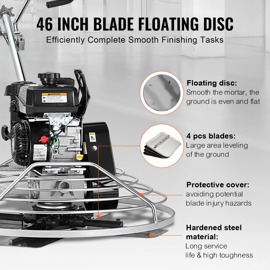 VEVOR Power Trowel, 46” Walk-Behind Cement Trowel with Float Pan, 14HP Gas-Powered Smooth Concrete Surface Finisher, Heavy Duty Commercial Screed Concrete Cement with Finishing Blade, Orange