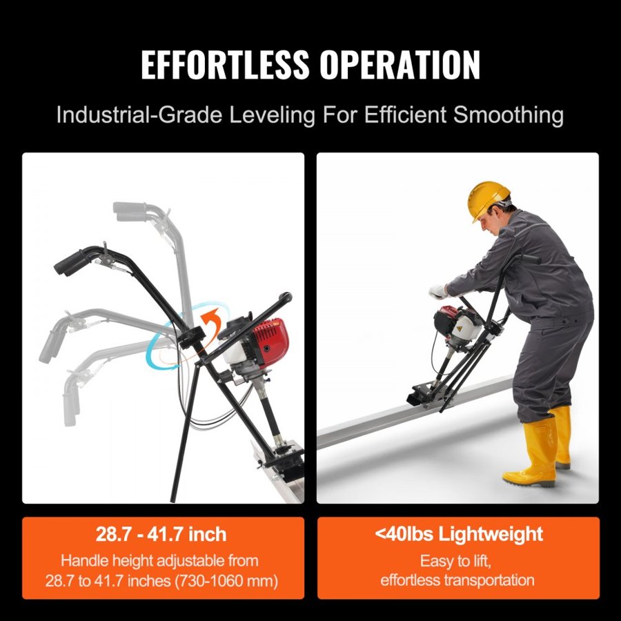 VEVOR Gas Concrete Power Screed, with 2445mm Aluminum Board Straight Edge Bar Set, 4 Stroke Cement Finishing Vibrating Motor with Height Adjustable Handles, High Efficient Concrete Tools 6500RPM