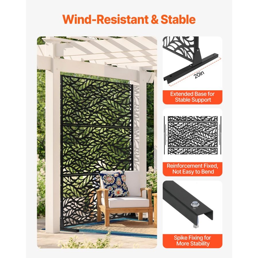 VEVOR Metal Privacy Screen, 47" W x 72" H, Outdoor Privacy Screens & Panels, Freestanding Outdoor Divider with Stand, 3-Panel Decorative Garden Steel Privacy Fence for Balcony Patio Indoor Room Black