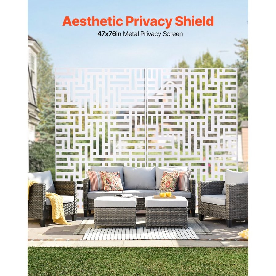 VEVOR Metal Privacy Screen, 47" W x 76" H Outdoor Privacy Screens 3-Panel, Freestanding Outdoor Divider with Stand, Decorative Garden Steel Privacy Fence for Balcony Patio Indoor Room Hot Tub White