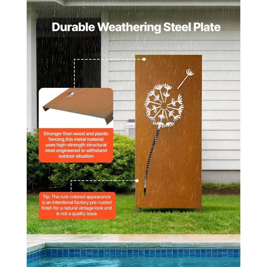 VEVOR Metal Privacy Screen, 61 x 160 cm Freestanding Modern Privacy Fence, Garden Divider Panel with Extended Ground Stakes & Steel Plate, Freestanding Outdoor Divider for Garden, Courtyard, Wall