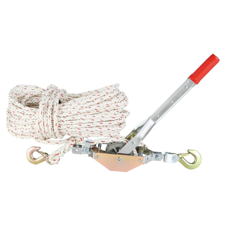 VEVOR Rope Puller, 3/4 Ton (750 kg) Pulling Capacity, with 30.48 m of 1.52 cm dia. Rope, 2 Hook, Come Along Winch, Heavy Duty Ratchet Power Puller Tool for Moving Boats, Securing Items, Transporting Logs