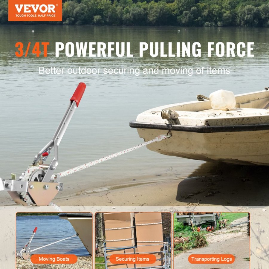 VEVOR Rope Puller, 3/4 Ton (750 kg) Pulling Capacity, with 30.48 m of 1.52 cm dia. Rope, 2 Hook, Come Along Winch, Heavy Duty Ratchet Power Puller Tool for Moving Boats, Securing Items, Transporting Logs