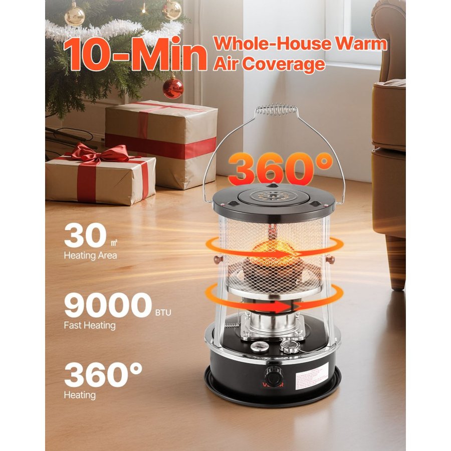 VEVOR 9000 BTU Portable Kerosene Heater & Stove, 2 in 1 Non-Electric Indoor Outdoor Heater with Adjustable Height & Flame & Easy Storage,for Camping, Hunting, Cooking, Home, Garage, Black