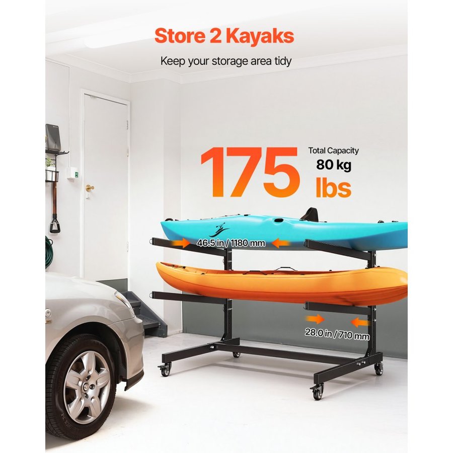 VEVOR Kayak Storage Rack for 2 Kayaks, Holds 80 kg, Heavy Duty Adjustable Freestanding Stand with Lockable Wheels for Indoor Outdoor Garage Shed Dock, Holder for Canoe, SUP, Surfboard & Paddleboard