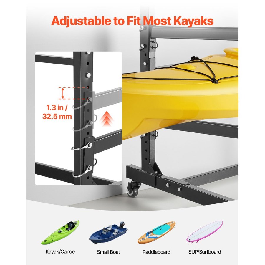 VEVOR Kayak Storage Rack for 2 Kayaks, Holds 80 kg, Heavy Duty Adjustable Freestanding Stand with Lockable Wheels for Indoor Outdoor Garage Shed Dock, Holder for Canoe, SUP, Surfboard & Paddleboard