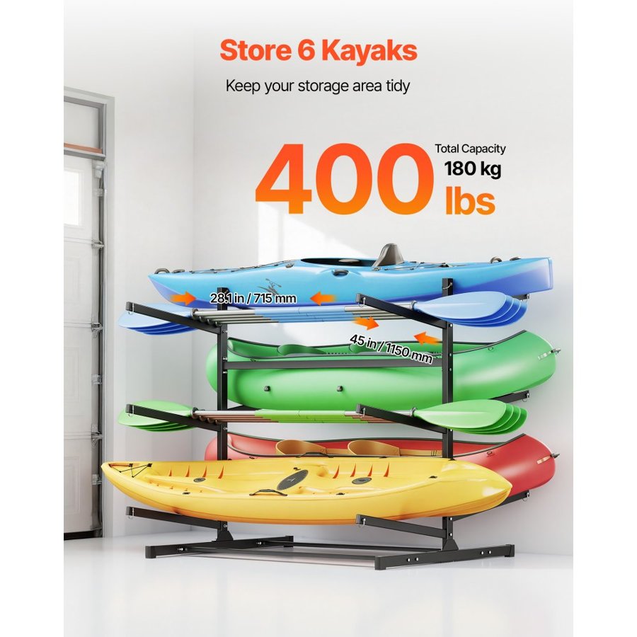 VEVOR Kayak Storage Rack for 6 Kayaks, Holds 180 kg, Heavy Duty Freestanding Stand for Indoor Outdoor Garage Shed Dock, Storage Rack Stand Holder for Canoe, Small Boat, SUP, Surfboard & Paddleboard