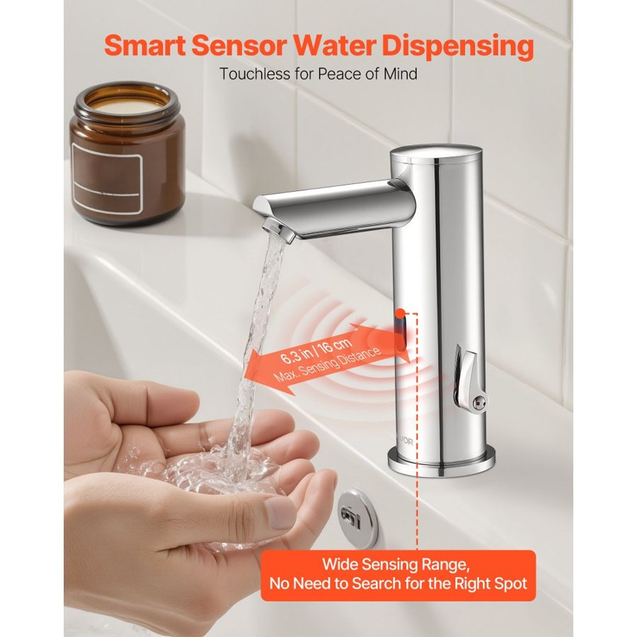 VEVOR Touchless Bathroom Sink Faucet, Automatic Motion Sensor Restroom Toilet Faucet, Hands Free Adjustable Cold Hot Single Handle Water Mixer Battery Operated for 9.5 mm Pipe,Brushed Nickel Silver