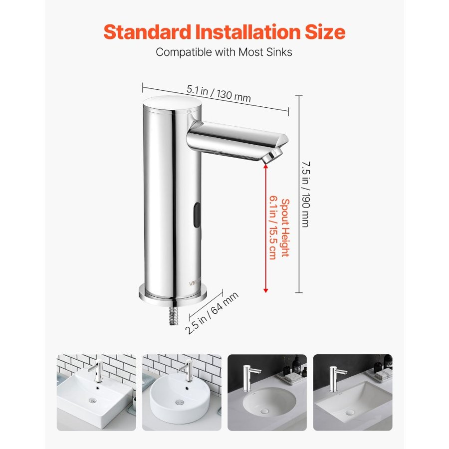 VEVOR Touchless Bathroom Sink Faucet, Automatic Motion Sensor Restroom Toilet Faucet, Hands Free Adjustable Cold Hot Single Handle Water Mixer Battery Operated for 9.5 mm Pipe,Brushed Nickel Silver