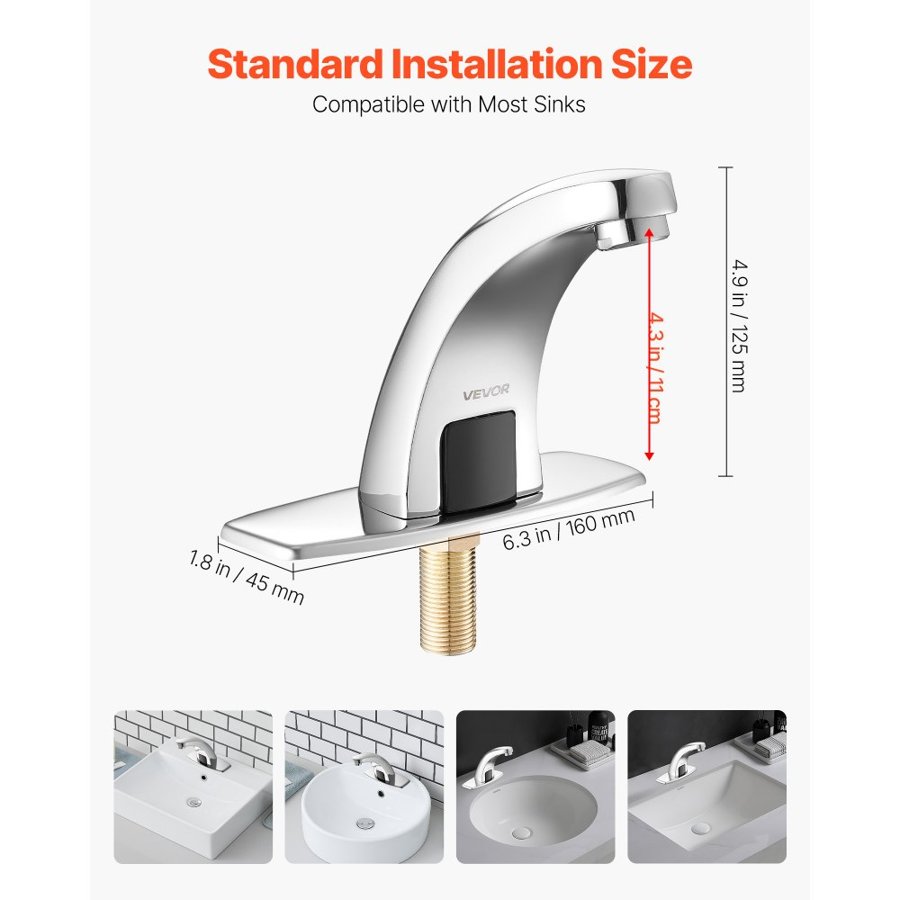 VEVOR Touchless Bathroom Sink Faucet, Automatic Motion Sensor Restroom Toilet Faucet Cold Water with Hole Cover Plate, Battery Operated for 9.5 mm Pipe Commercial Lavatory,Chrome Plated Silver,G233