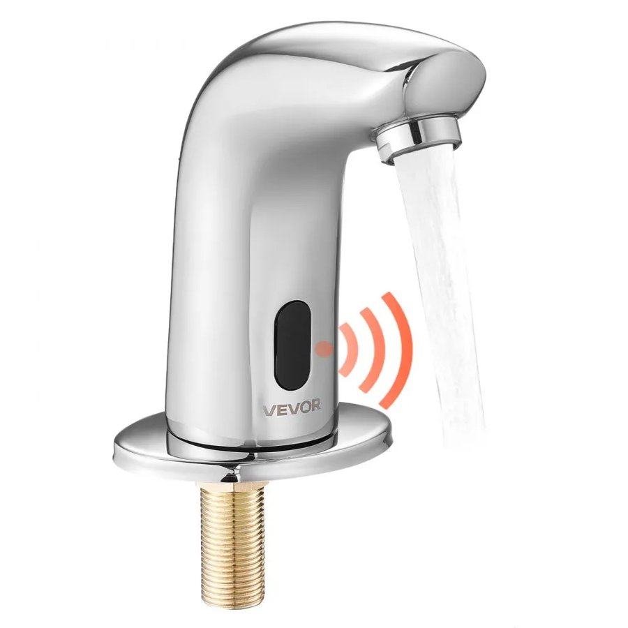 VEVOR Touchless Bathroom Sink Faucet, Automatic Motion Sensor Restroom Toilet Faucet Cold Water with Hole Cover Plate, Battery Operated for 9.5 mm Pipe Commercial Lavatory,Chrome Plated Silver G112M