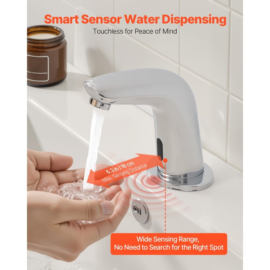 VEVOR Touchless Bathroom Sink Faucet, Automatic Motion Sensor Restroom Toilet Faucet Cold Water with Hole Cover Plate, Battery Operated for 9.5 mm Pipe Commercial Lavatory,Chrome Plated Silver G112M