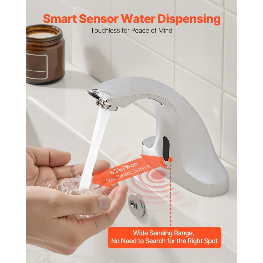 VEVOR Touchless Bathroom Sink Faucet, Automatic Motion Sensor Restroom Toilet Faucet Cold Water with Hole Cover Plate, Battery Operated for 9.5 mm Pipe Commercial Lavatory,Chrome Plated Silver
