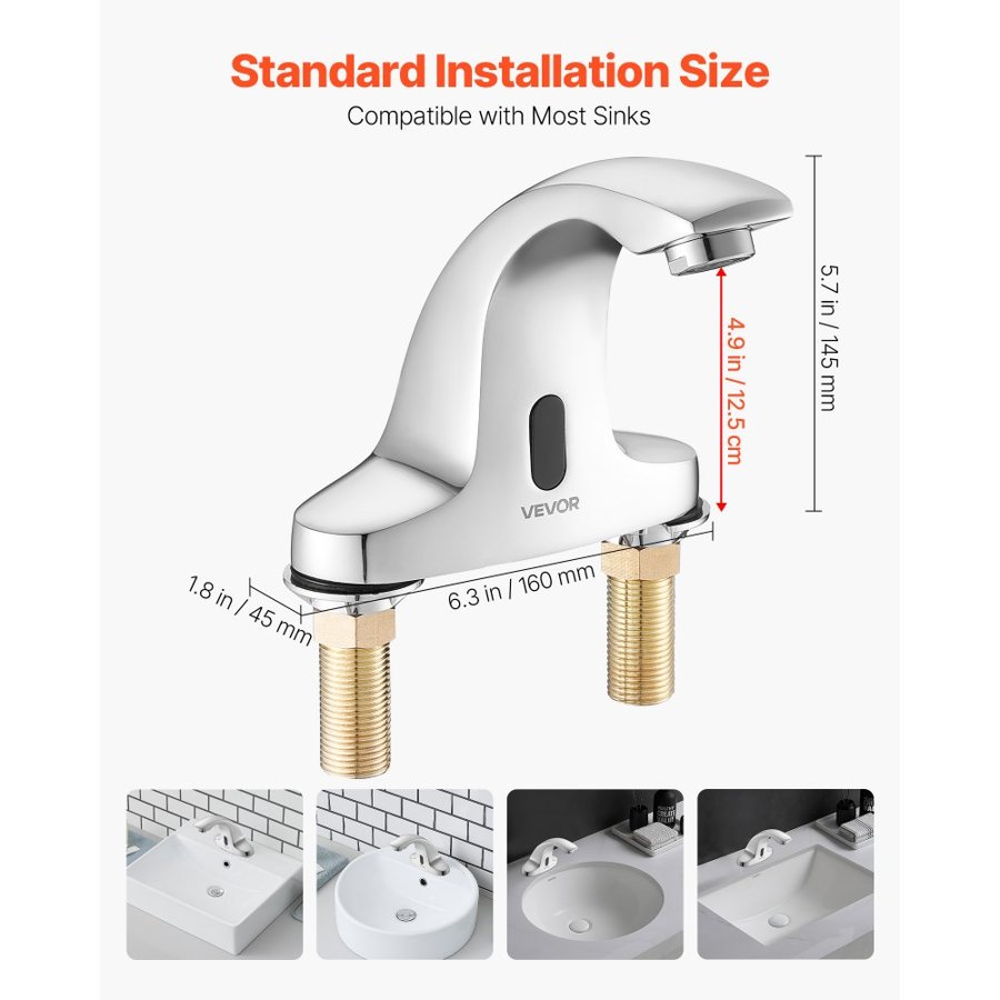 VEVOR Touchless Bathroom Sink Faucet, Automatic Motion Sensor Restroom Toilet Faucet Cold Water with Hole Cover Plate, Battery Operated for 9.5 mm Pipe Commercial Lavatory,Chrome Plated Silver