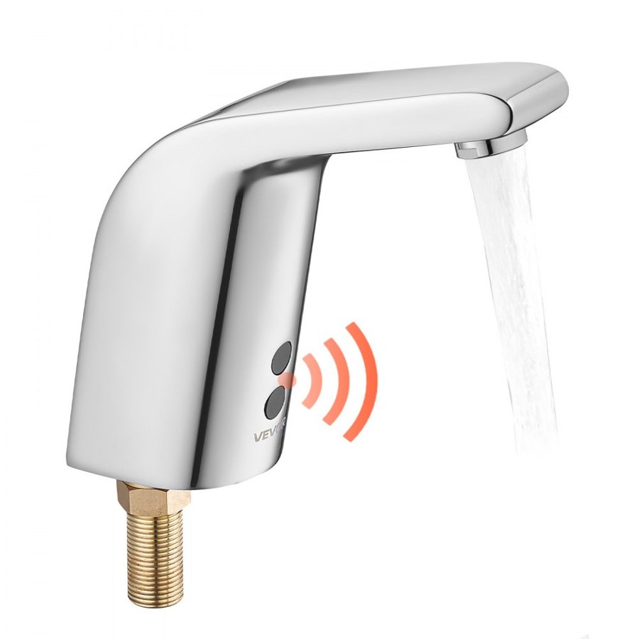 VEVOR Touchless Bathroom Sink Faucet, Automatic Motion Sensor Restroom Toilet Faucet Cold Water with Single Hole, Battery Operated for 9.5 mm Pipe Commercial Lavatory,Chrome Plated Silver