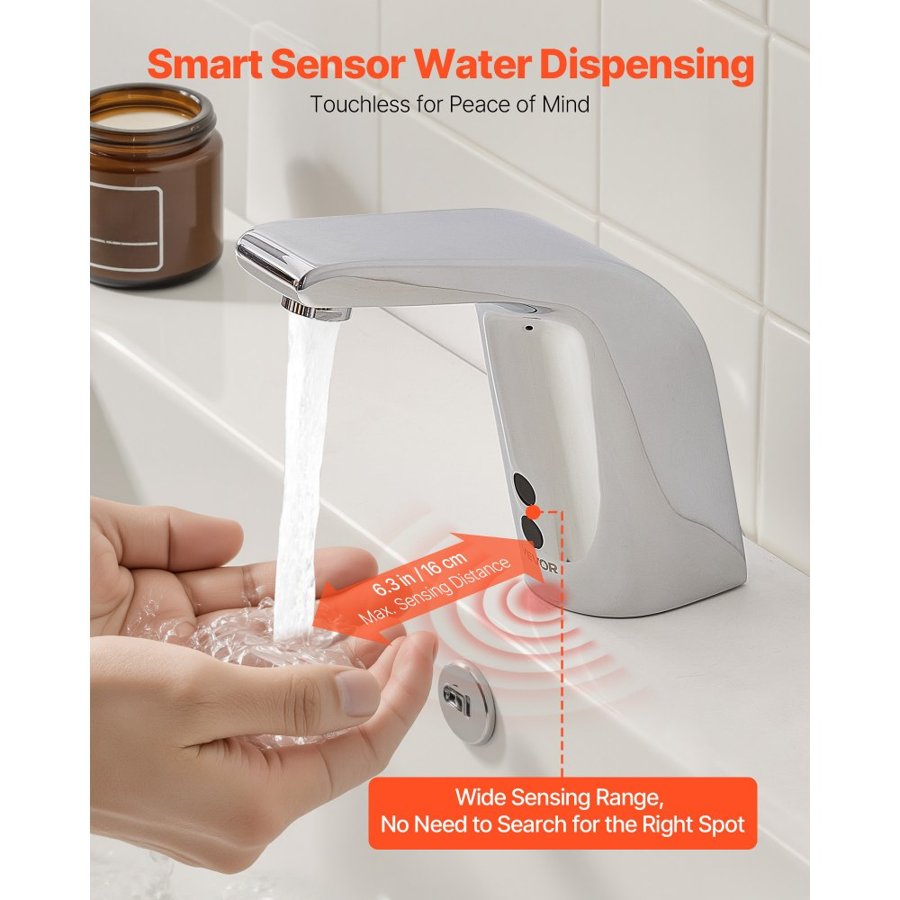 VEVOR Touchless Bathroom Sink Faucet, Automatic Motion Sensor Restroom Toilet Faucet Cold Water with Single Hole, Battery Operated for 9.5 mm Pipe Commercial Lavatory,Chrome Plated Silver