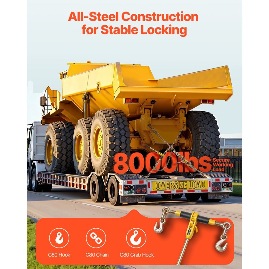 VEVOR Ratchet Chain Binder, 5/16 in x 12.8 ft G80 Chains, 8000 lbs Working Load of Ratchet Load Binder, Chains and Binders Set, Tie Down Hauling Chain Binders for Hauling, Towing, Logging (4 Sets)