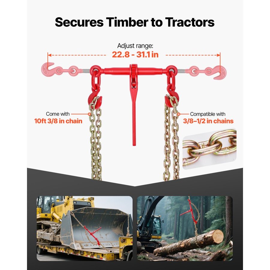 VEVOR Ratchet Chain Binder, 10 mm x 3 m G80 Chains, 4173 kg Working Load of Ratchet Load Binder, Chains and Binders Set, Tie Down Hauling Chain Binders for Hauling, Towing, Logging, Lifting