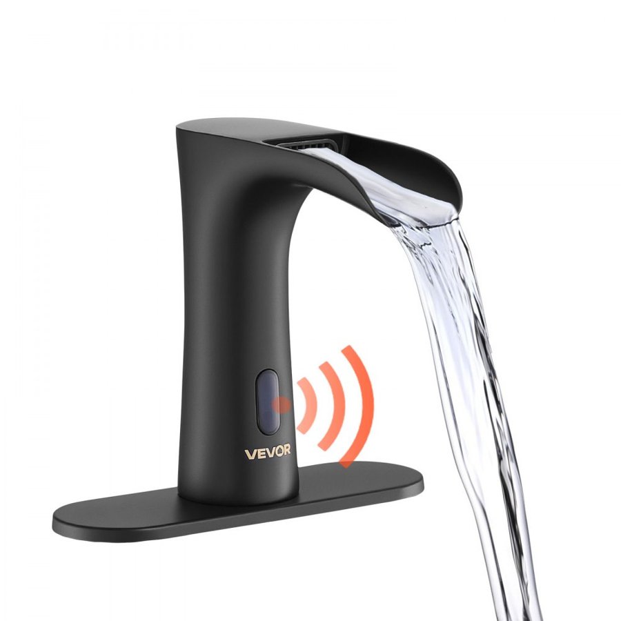VEVOR Touchless Bathroom Sink Faucet, Automatic Motion Sensor Waterfall Restroom Toilet Faucet with Hole Cover Plate, Modern Electronic Sensor Hot/Cold Water for 9.5 mm Pipe Commercial,Matte Black