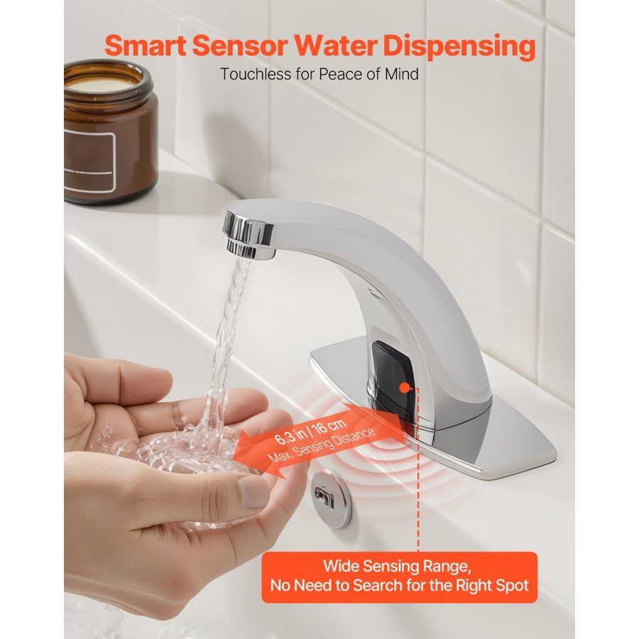 VEVOR Touchless Bathroom Sink Faucet, Automatic Motion Sensor Restroom Toilet Faucet with Hole Cover Plate, Battery Operated,Hot/Cold Water for 9.5 mm Pipe Commercial Lavatory,Chrome Plated Silver