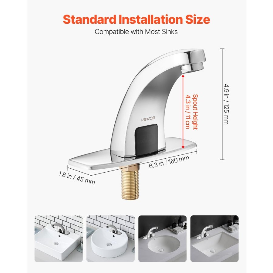 VEVOR Touchless Bathroom Sink Faucet, Automatic Motion Sensor Restroom Toilet Faucet with Hole Cover Plate, Battery Operated,Hot/Cold Water for 9.5 mm Pipe Commercial Lavatory,Chrome Plated Silver