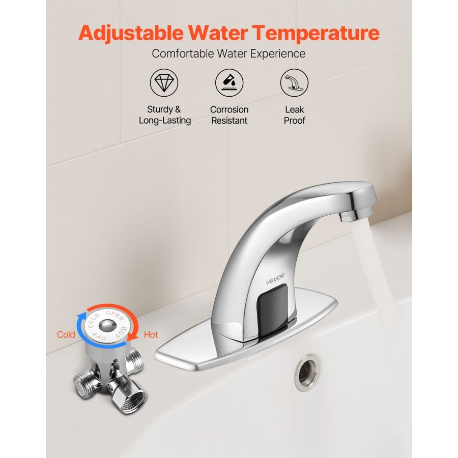 VEVOR Touchless Bathroom Sink Faucet, Automatic Motion Sensor Restroom Toilet Faucet with Hole Cover Plate, Battery Operated,Hot/Cold Water for 9.5 mm Pipe Commercial Lavatory,Chrome Plated Silver
