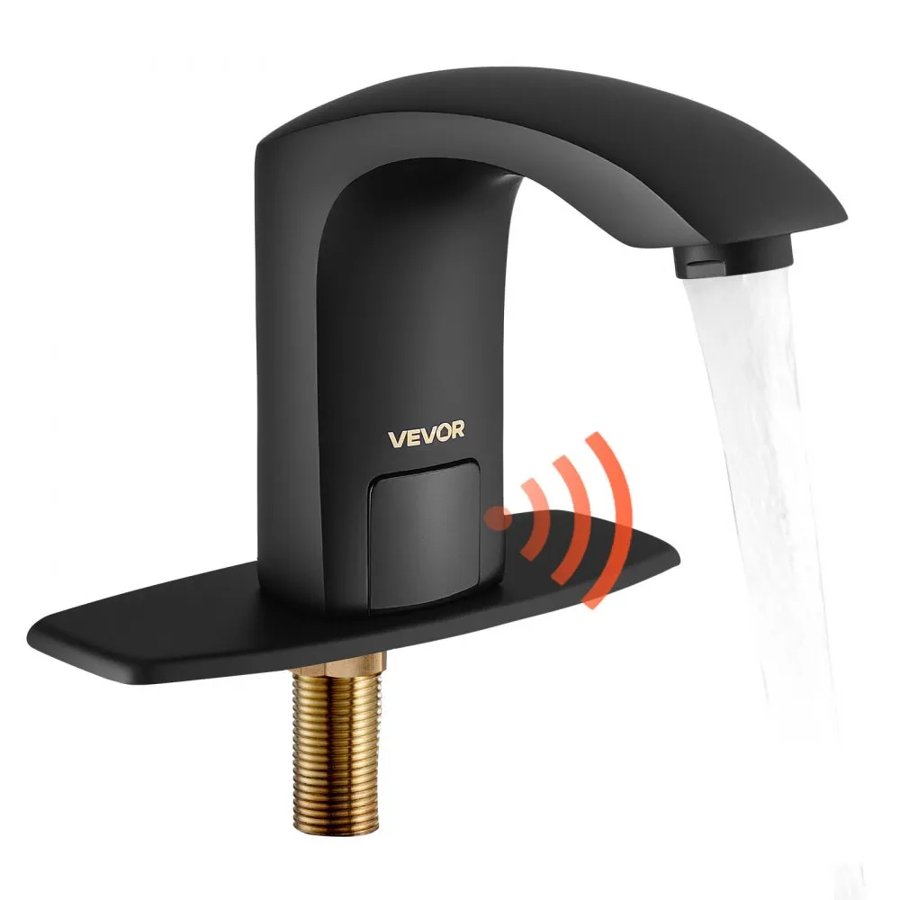 VEVOR Touchless Bathroom Sink Faucet, Automatic Motion Sensor Restroom Toilet Faucet with Hole Cover Plate, Battery Operated,Adjustable Temperature for 9.5 mm Pipe Commercial Lavatory,Matte Black