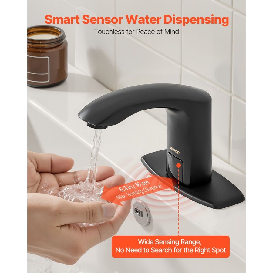VEVOR Touchless Bathroom Sink Faucet, Automatic Motion Sensor Restroom Toilet Faucet with Hole Cover Plate, Battery Operated,Adjustable Temperature for 9.5 mm Pipe Commercial Lavatory,Matte Black