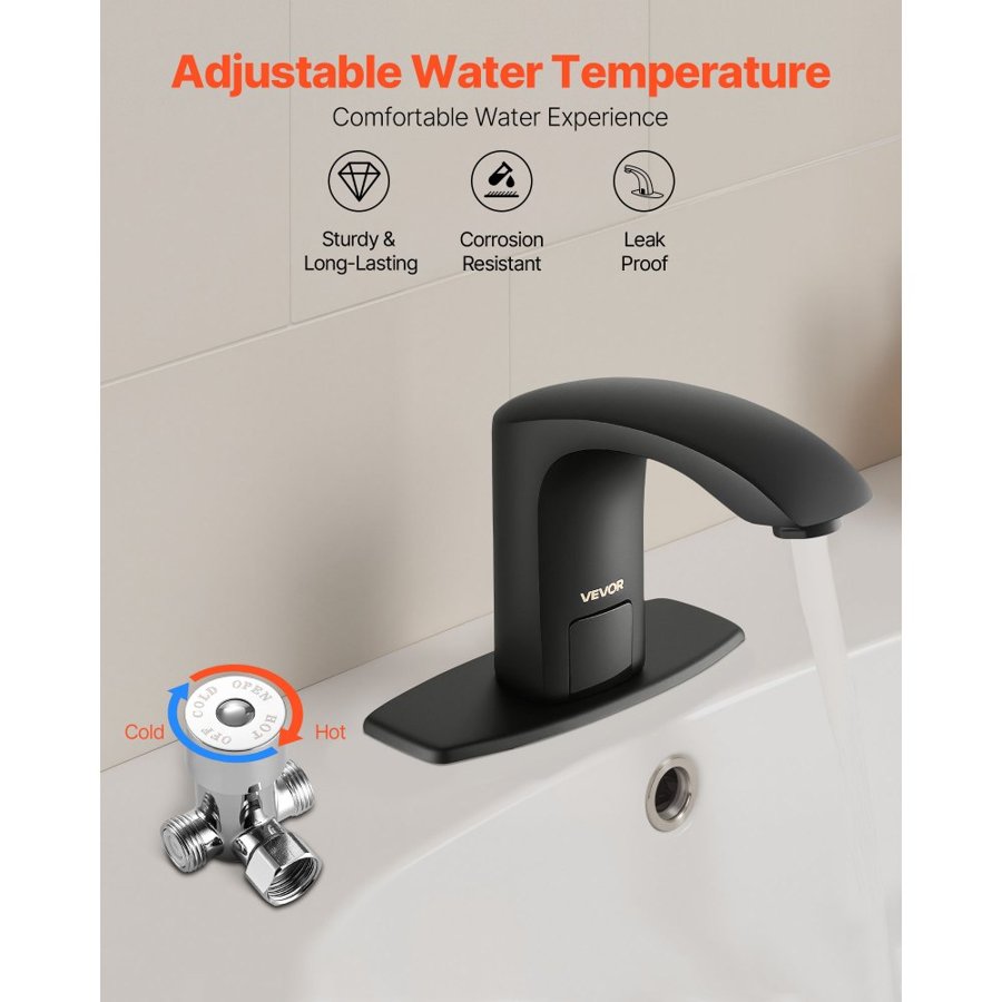 VEVOR Touchless Bathroom Sink Faucet, Automatic Motion Sensor Restroom Toilet Faucet with Hole Cover Plate, Battery Operated,Adjustable Temperature for 9.5 mm Pipe Commercial Lavatory,Matte Black