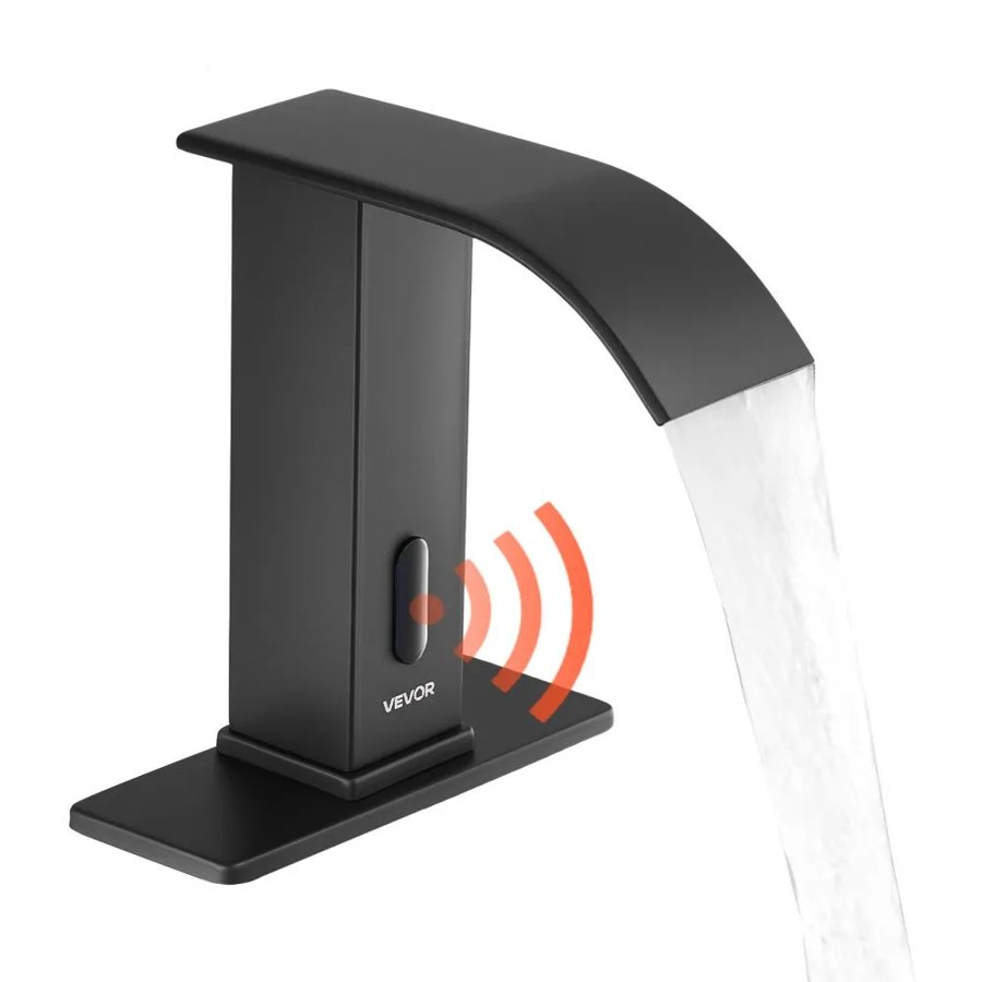 VEVOR Touchless Bathroom Sink Faucet, Automatic Motion Sensor Waterfall Restroom Toilet Faucet with Hole Cover Plate, Battery Operated,Hot/Cold Water for 9.5 mm Pipe Commercial Lavatory,Matte Black