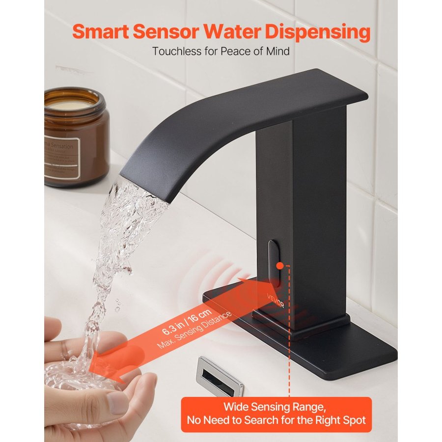 VEVOR Touchless Bathroom Sink Faucet, Automatic Motion Sensor Waterfall Restroom Toilet Faucet with Hole Cover Plate, Battery Operated,Hot/Cold Water for 9.5 mm Pipe Commercial Lavatory,Matte Black