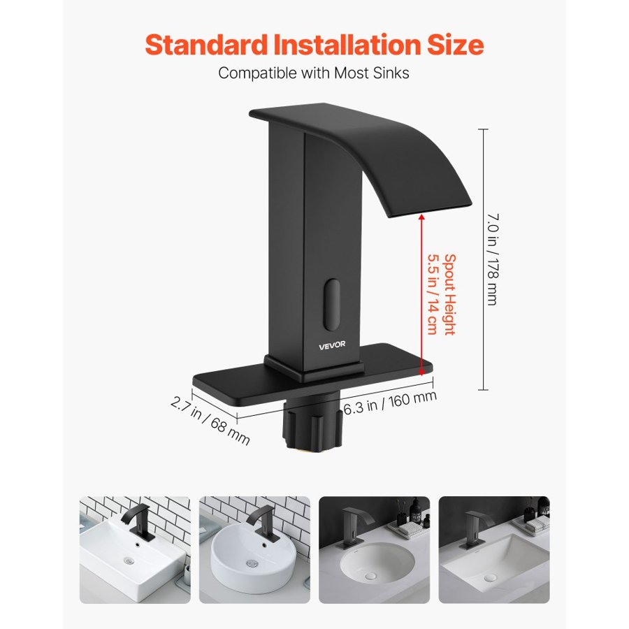VEVOR Touchless Bathroom Sink Faucet, Automatic Motion Sensor Waterfall Restroom Toilet Faucet with Hole Cover Plate, Battery Operated,Hot/Cold Water for 9.5 mm Pipe Commercial Lavatory,Matte Black