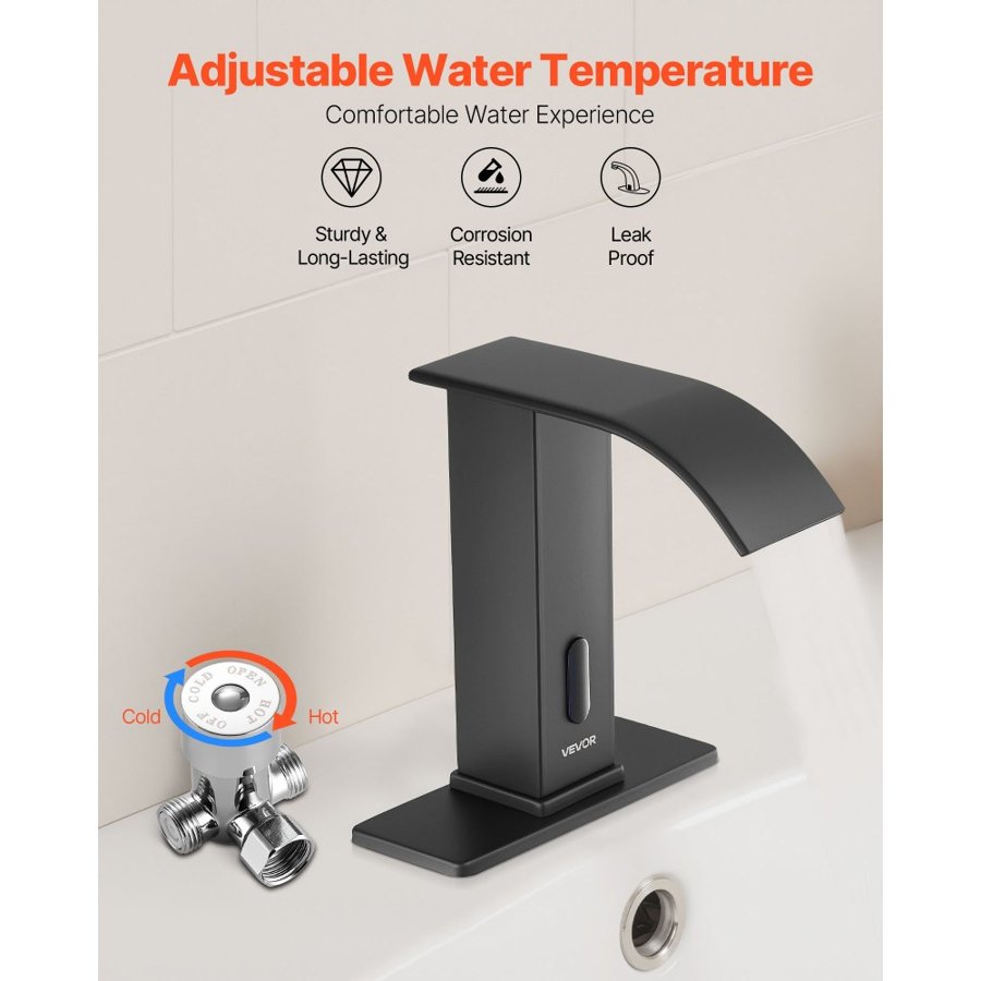 VEVOR Touchless Bathroom Sink Faucet, Automatic Motion Sensor Waterfall Restroom Toilet Faucet with Hole Cover Plate, Battery Operated,Hot/Cold Water for 9.5 mm Pipe Commercial Lavatory,Matte Black