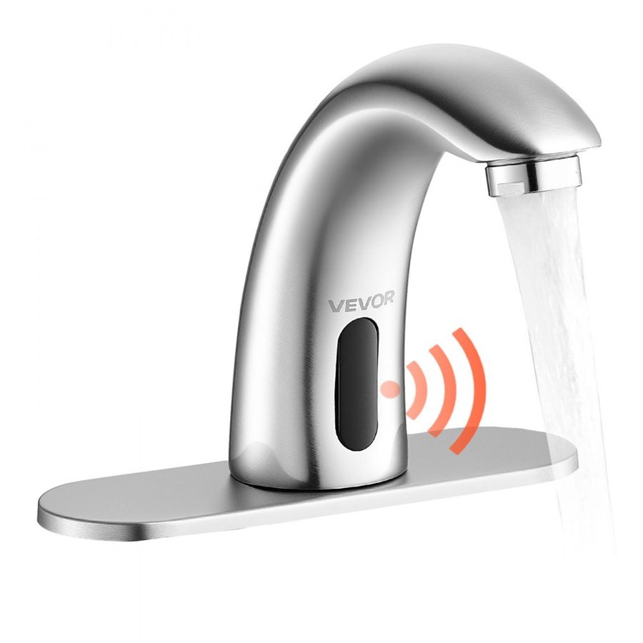 VEVOR Touchless Bathroom Sink Faucet, Automatic Motion Sensor Restroom Toilet Faucet with Hole Cover Plate, Battery Operated,Adjustable Temp for 9.5 mm Pipe Commercial Lavatory,Brushed Nickel Silver