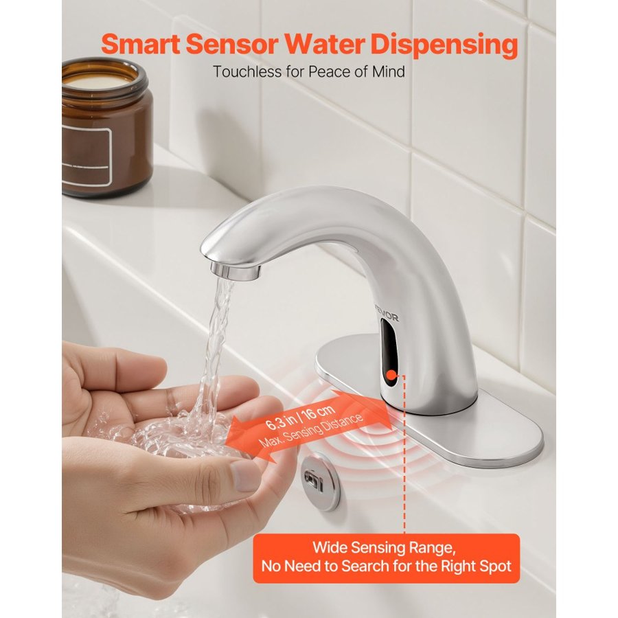 VEVOR Touchless Bathroom Sink Faucet, Automatic Motion Sensor Restroom Toilet Faucet with Hole Cover Plate, Battery Operated,Adjustable Temp for 9.5 mm Pipe Commercial Lavatory,Brushed Nickel Silver