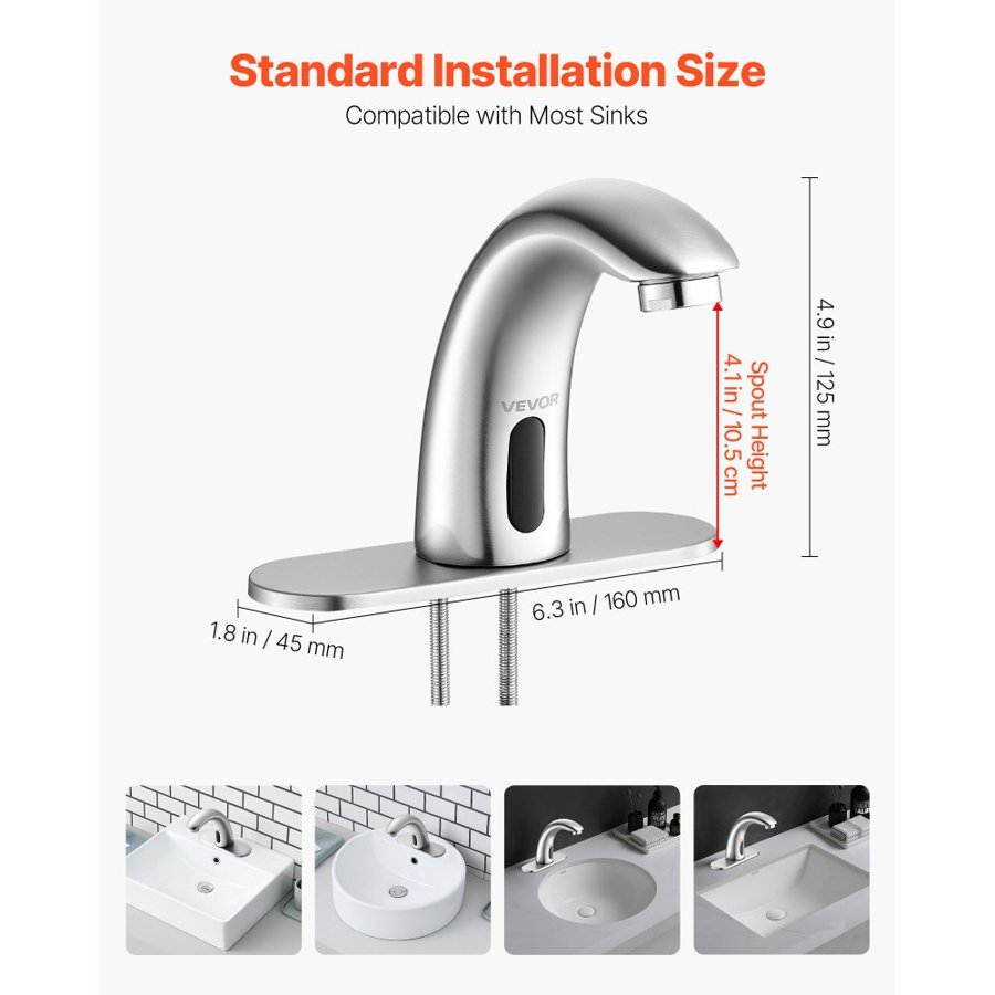 VEVOR Touchless Bathroom Sink Faucet, Automatic Motion Sensor Restroom Toilet Faucet with Hole Cover Plate, Battery Operated,Adjustable Temp for 9.5 mm Pipe Commercial Lavatory,Brushed Nickel Silver