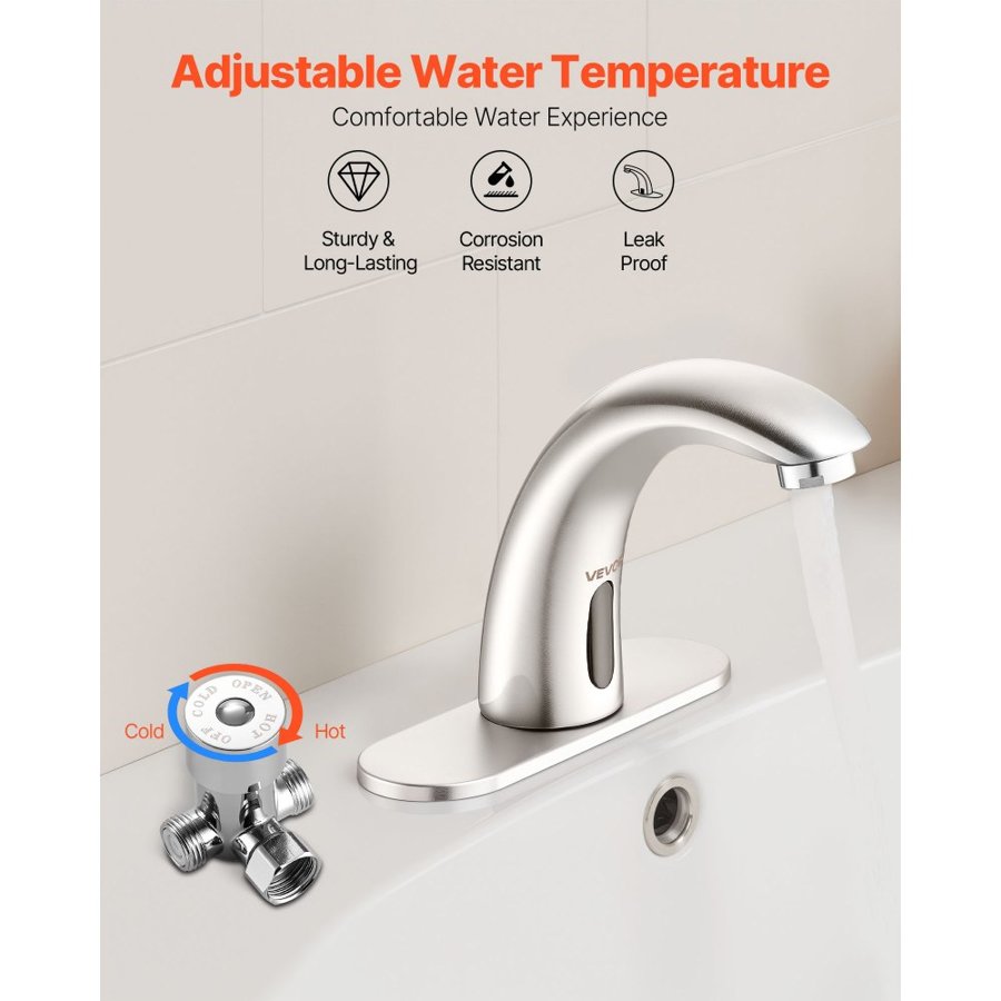 VEVOR Touchless Bathroom Sink Faucet, Automatic Motion Sensor Restroom Toilet Faucet with Hole Cover Plate, Battery Operated,Adjustable Temp for 9.5 mm Pipe Commercial Lavatory,Brushed Nickel Silver