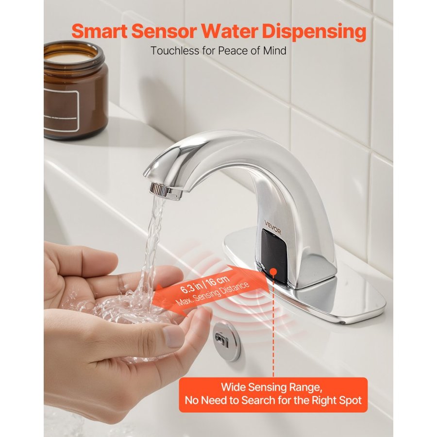 VEVOR Touchless Bathroom Sink Faucet, Automatic Motion Sensor Restroom Toilet Faucet with Hole Cover Plate, Battery Operated,Adjustable Temp for 9.5 mm Pipe Commercial Lavatory,Chrome Plated Silver